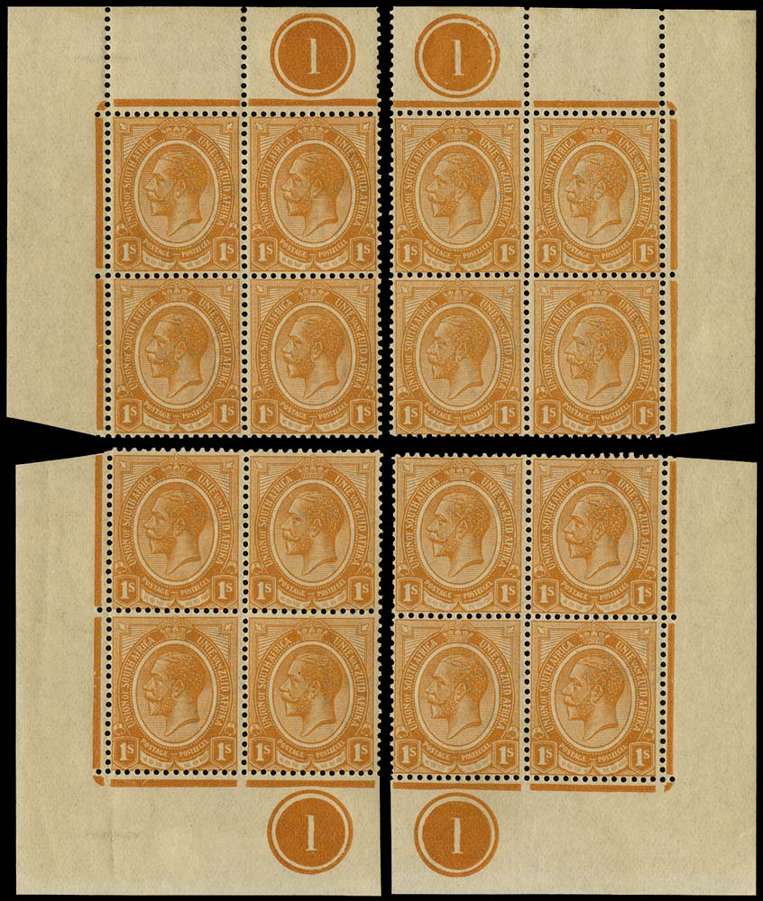 SOUTH AFRICA 1913  SG12 Mint King's Head 1s orange plate 1 blocks of 4