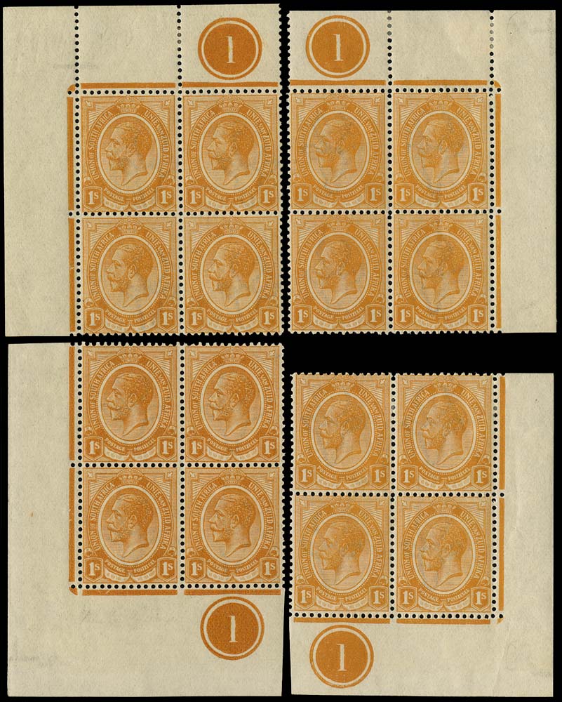 SOUTH AFRICA 1913  SG12 Mint King's Head 1s orange plate 1 blocks of 4