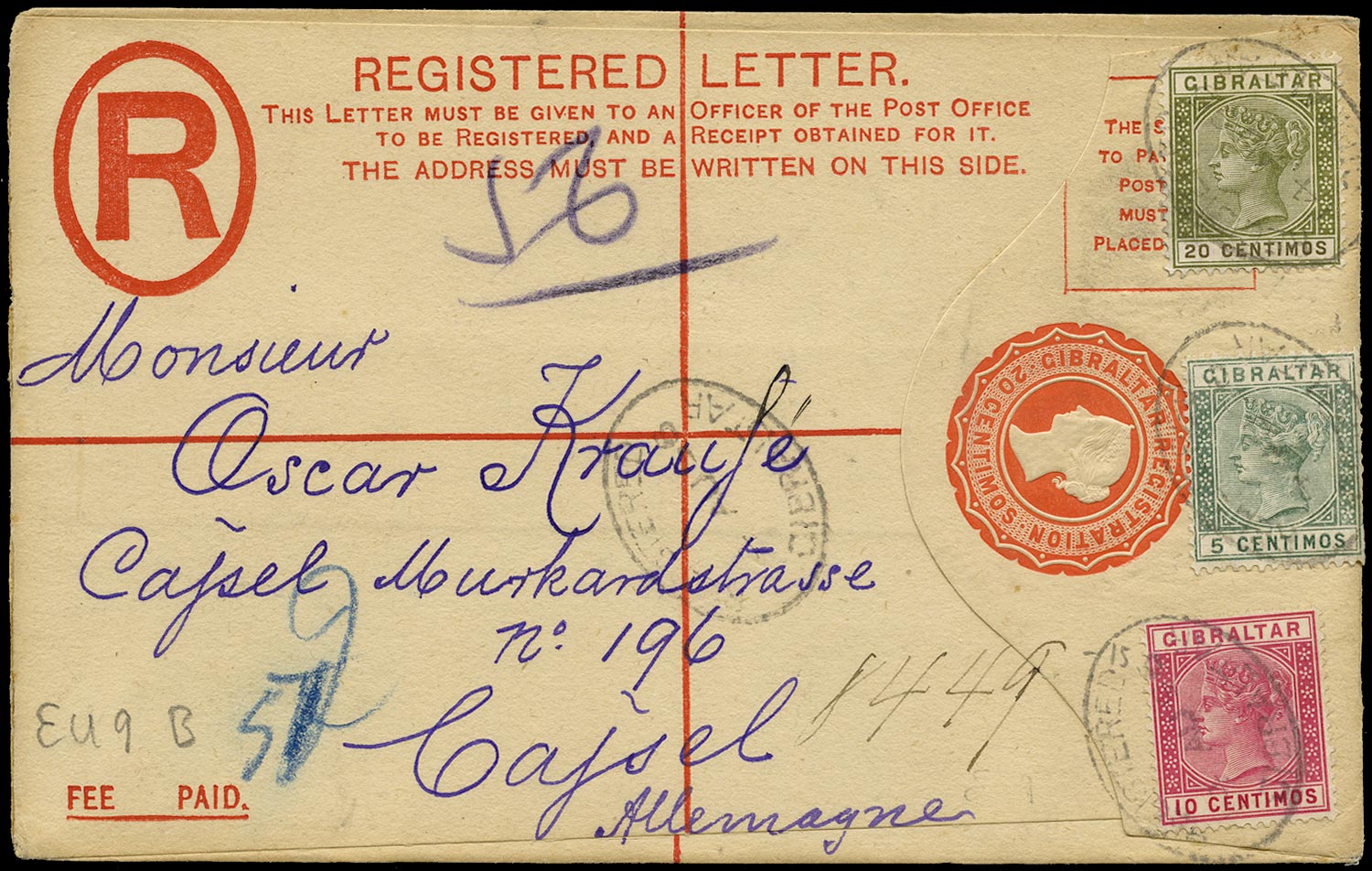 GIBRALTAR 1896  SG22, 23, 24 Cover 20c QV registered envelope to Germany