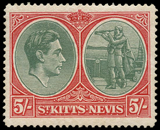 ST KITTS NEVIS 1938  SG77ba Mint unmounted KGVI 5s ordinary paper variety Break in value tablet