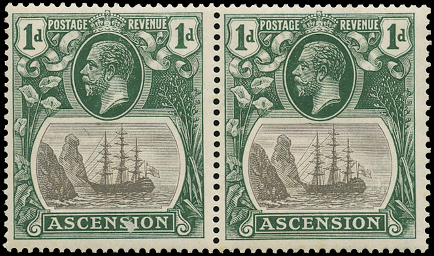 ASCENSION 1924  SG11b Mint 1d grey-black and deep blue-green variety Torn Flag