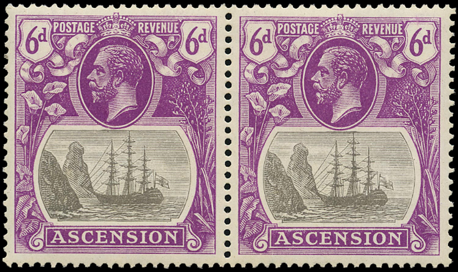 ASCENSION 1924  SG16b Mint 6d grey-black and bright purple variety Torn Flag