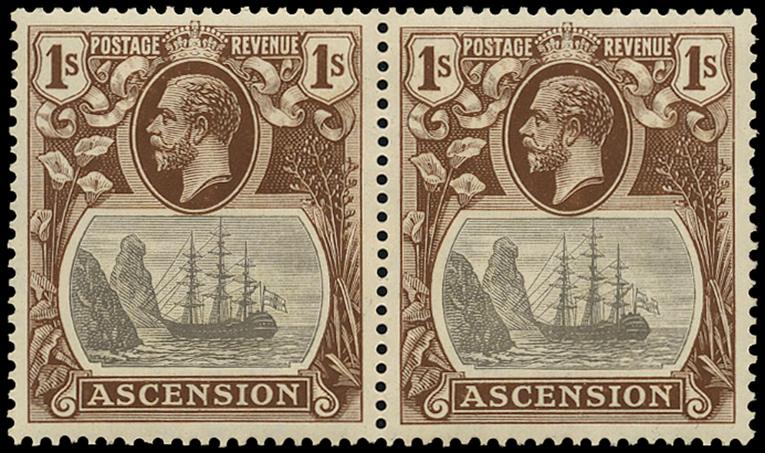 ASCENSION 1924  SG18b Mint 1s grey-black and brown variety Torn Flag