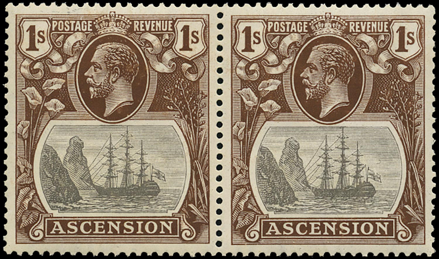 ASCENSION 1924  SG18b Mint 1s grey-black and brown variety Torn Flag