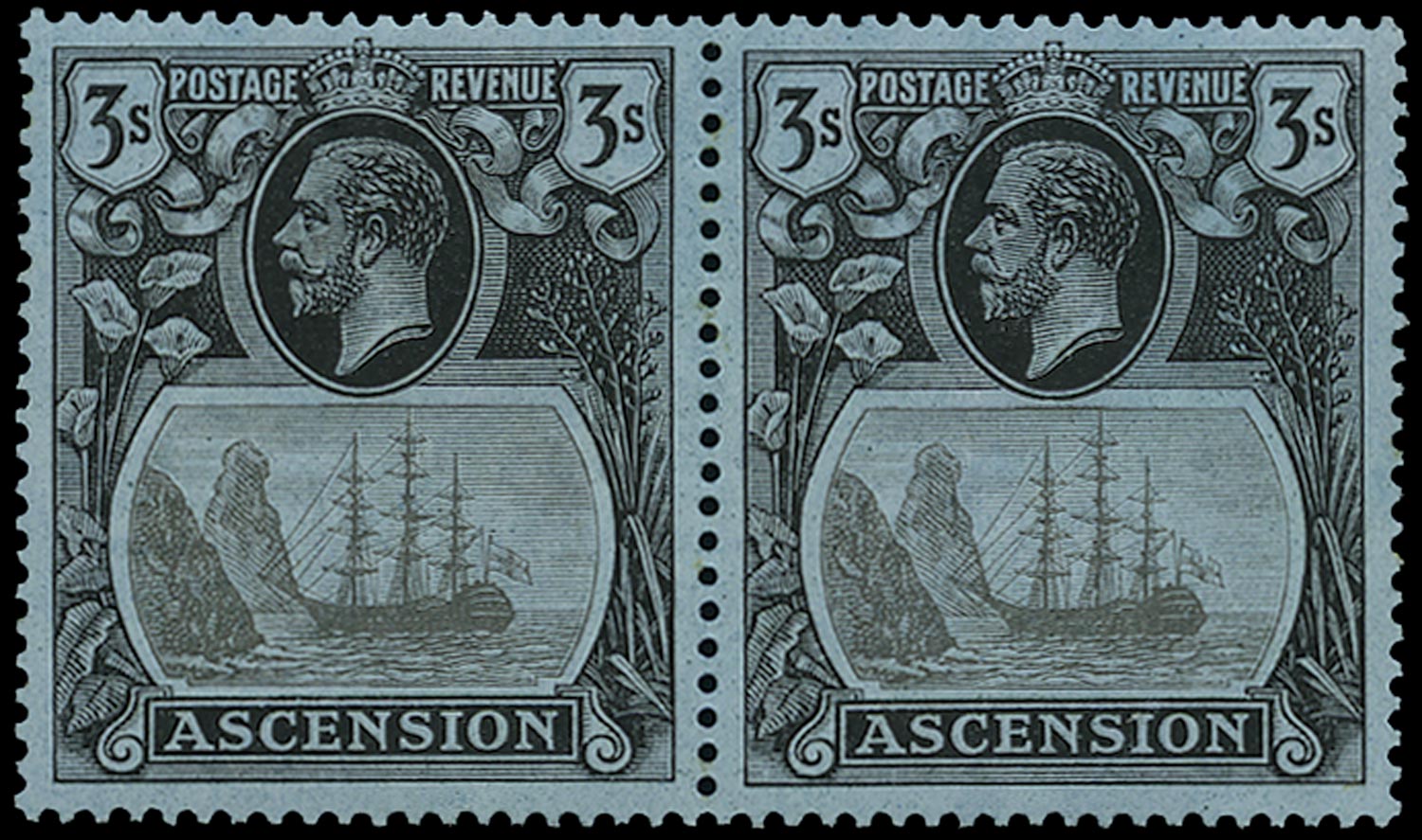 ASCENSION 1924  SG20b Mint 3s grey-black and black on blue variety Torn Flag