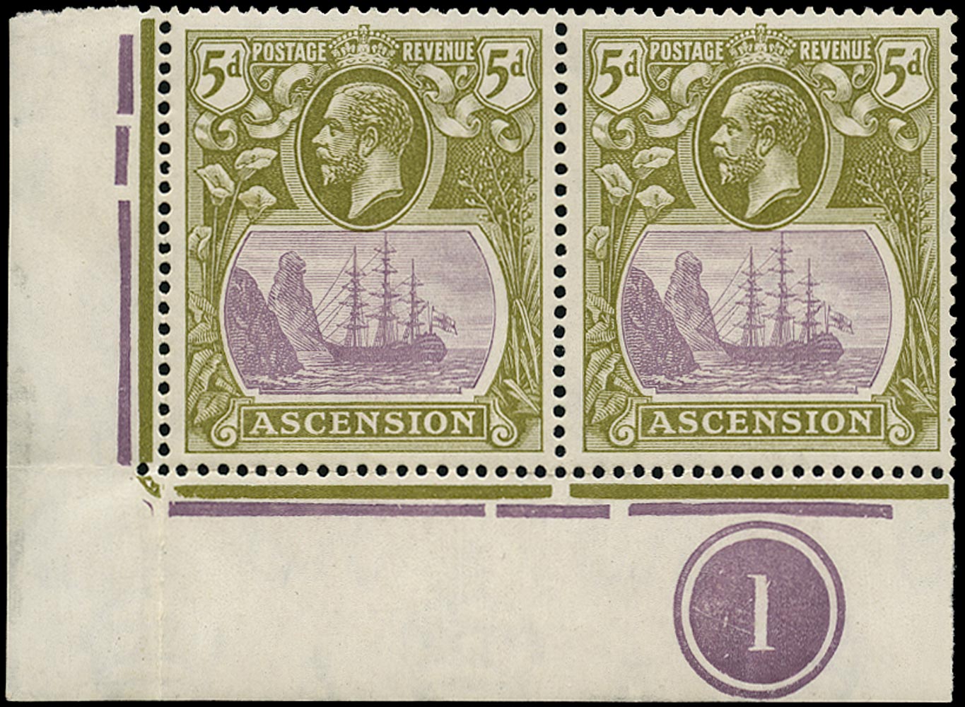 ASCENSION 1924  SG15da Mint 5d purple and olive-green variety Cleft Rock