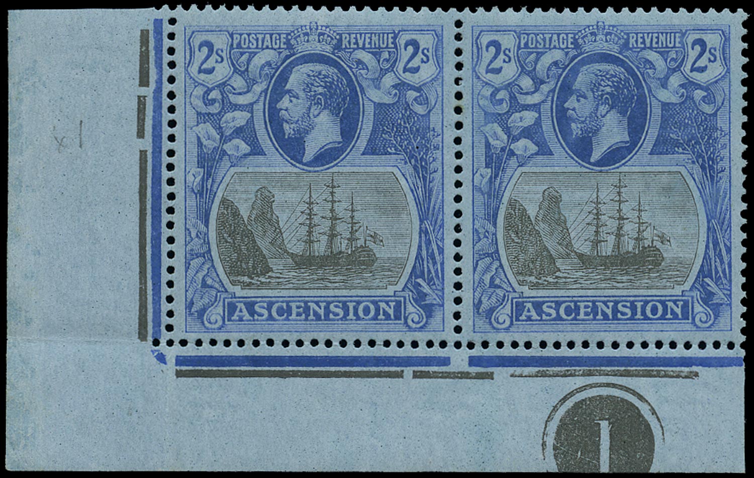 ASCENSION 1924  SG19c Mint 2s grey-black and blue on blue variety Cleft Rock