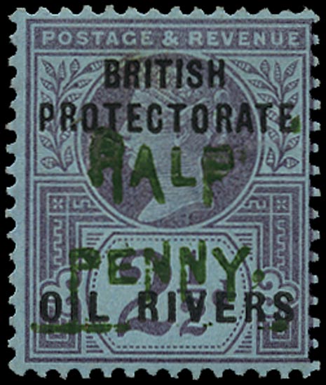 NIGER COAST 1893  SG33 Mint &frac12;d on 2&frac12;d type 9 surcharge in green