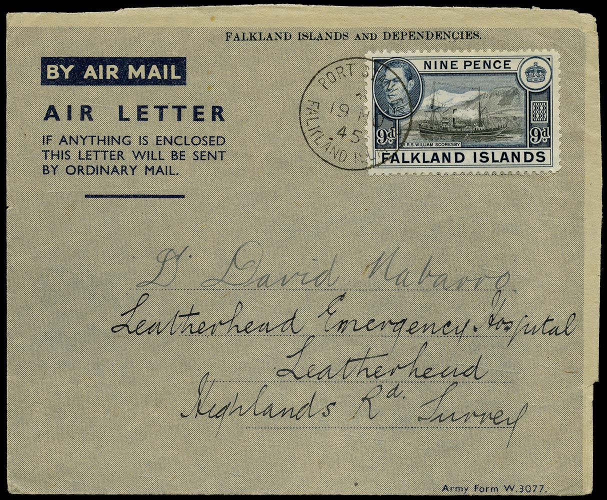 FALKLAND ISLANDS 1945  SG157 Cover Army Air Letter form W.3077 used to London