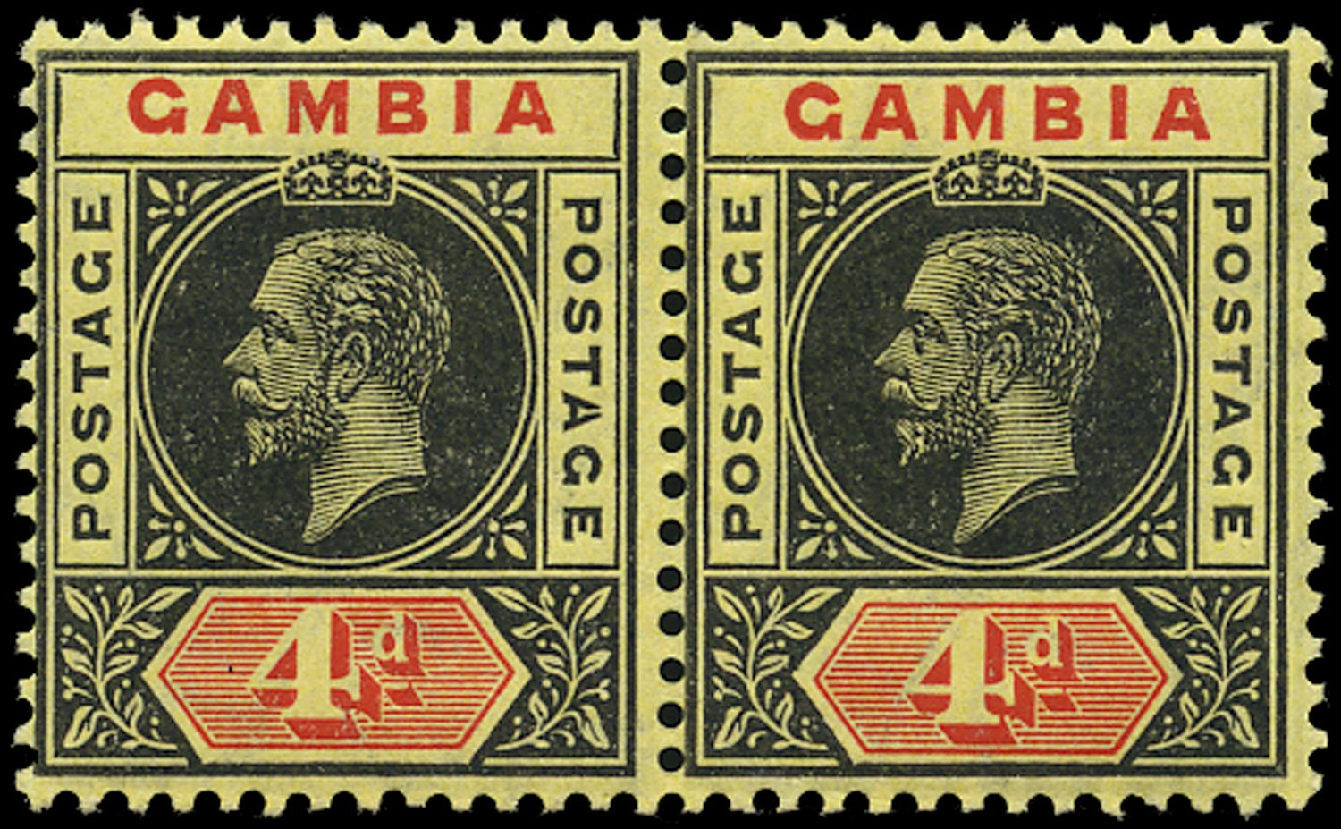 GAMBIA 1912  SG92a/d Mint 4d black and red on lemon watermark MCA variety Split A