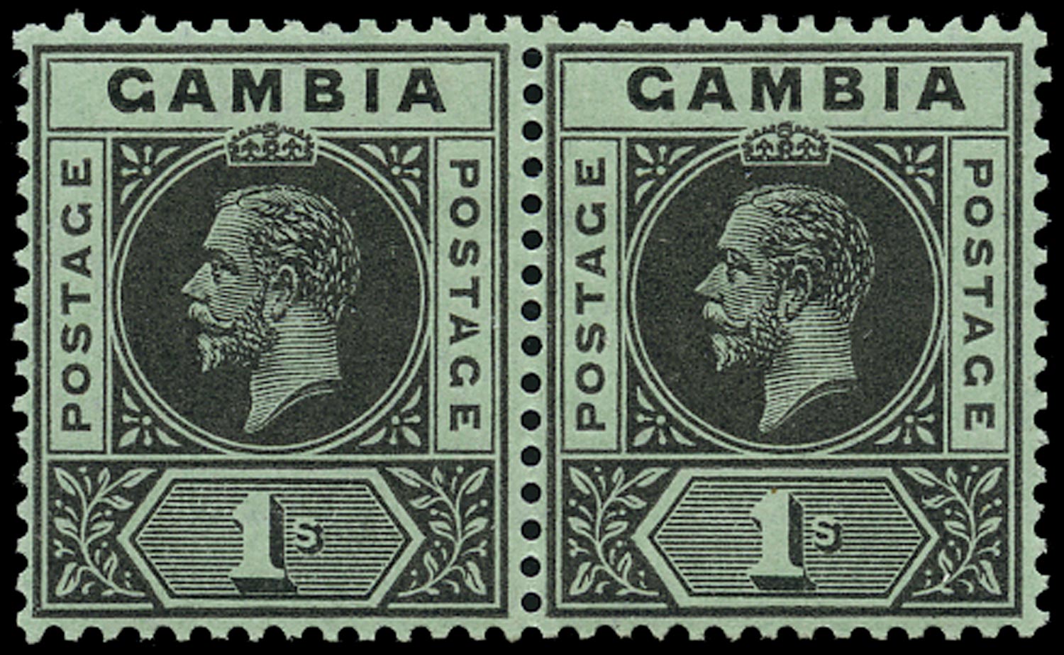 GAMBIA 1912  SG97b Mint 1s black on green watermark MCA variety Split A