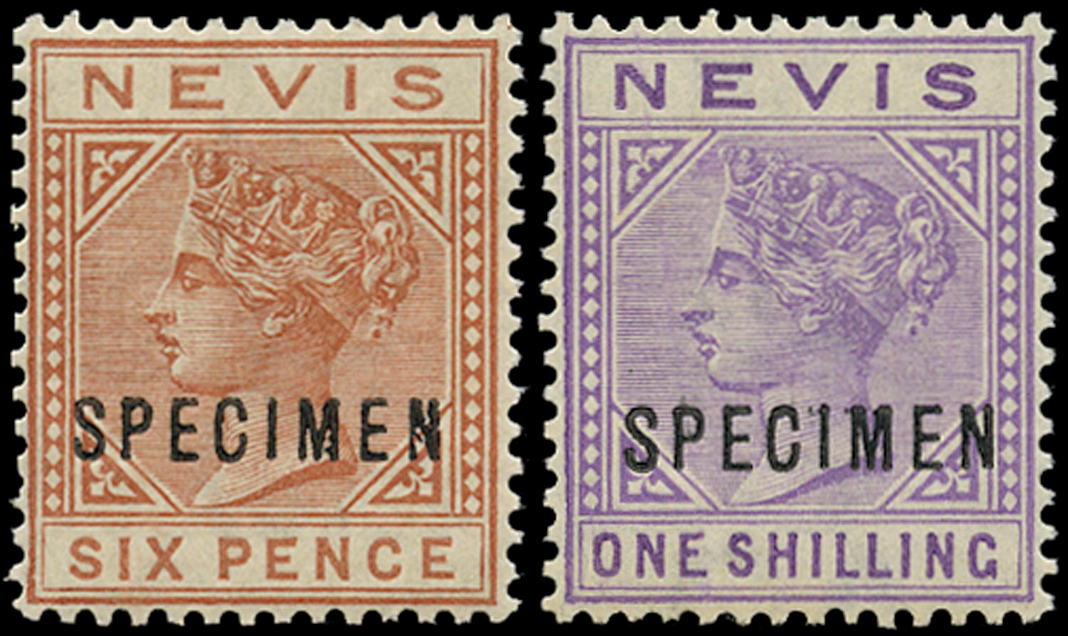 NEVIS 1882  SG33s/34s Specimen 6d chestnut and 1s pale violet watermark CA