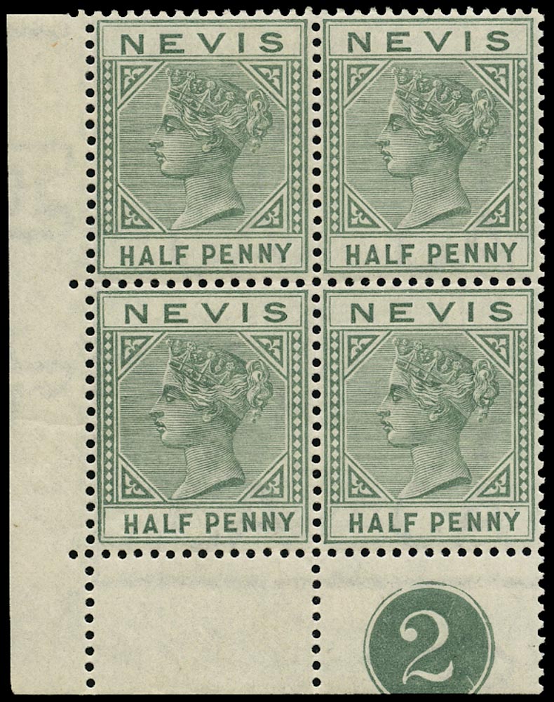 NEVIS 1882  SG25 Mint &frac12;d dull green watermark CA plate block of 4