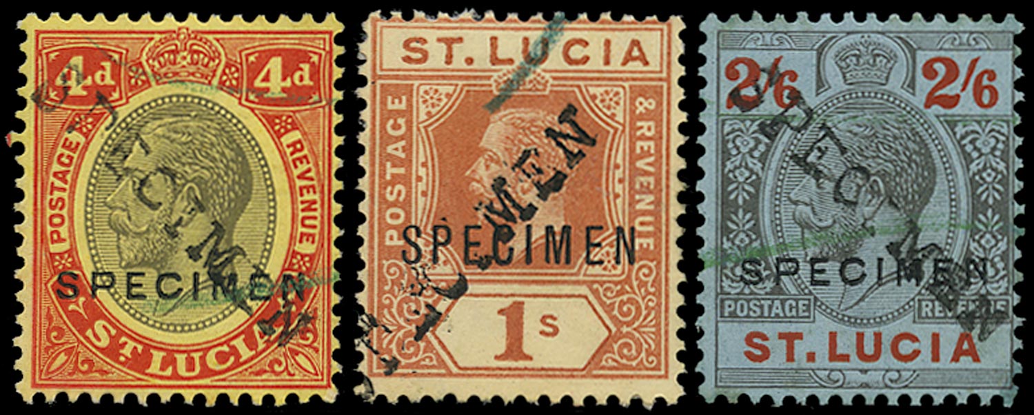 ST LUCIA 1912  SG83s, 86s/87s Specimen 4d, 1s, 2s6d with Bechuanaland receiving handstamp