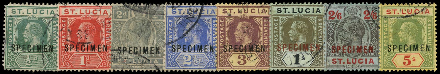 ST LUCIA 1912  SG78/88 btwn Specimen range to 5s wmk MCA with Gabon receiving handstamp