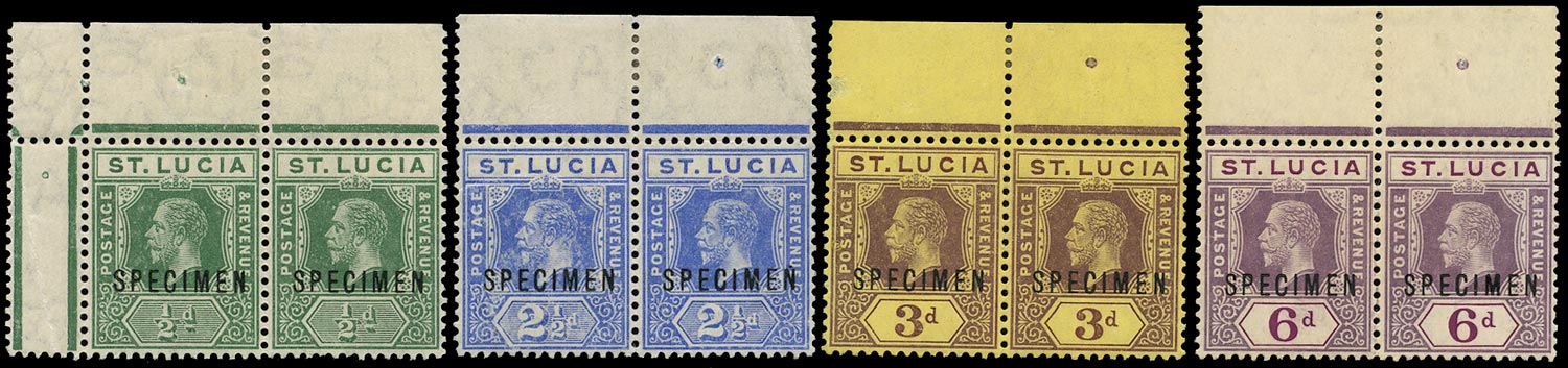 ST LUCIA 1912  SG82s Specimen KGV &frac12;d, 2&frac12;d, 3d, 6d marginal pairs