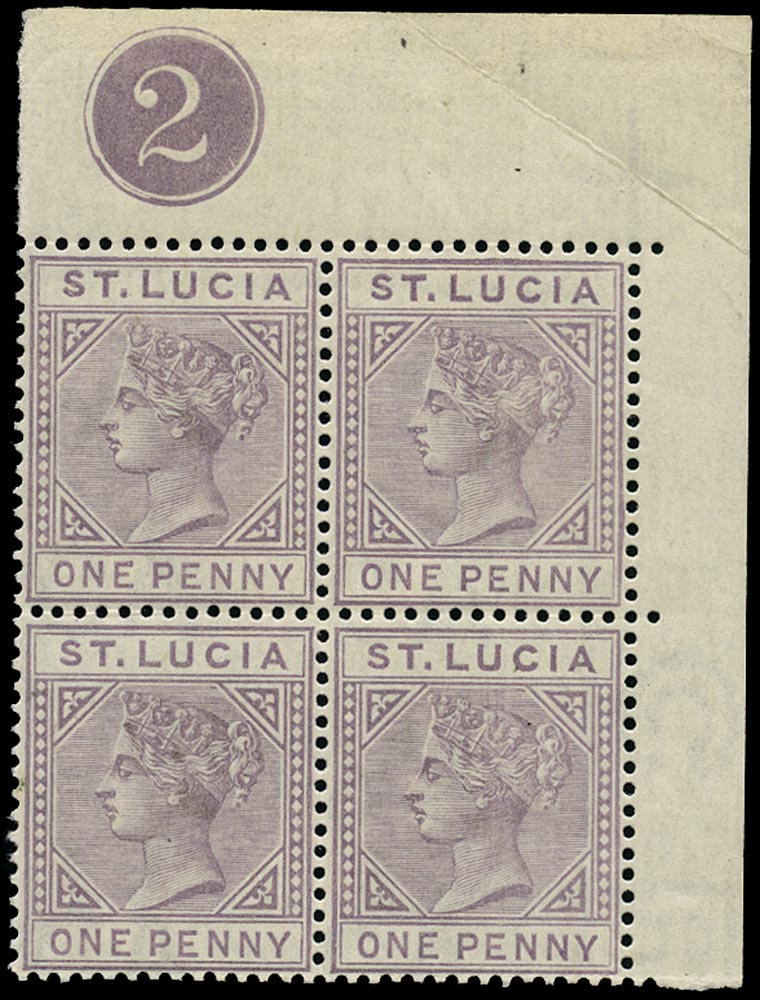 ST LUCIA 1886  SG39 Mint QV 1d dull mauve die I plate number '2' block of 4