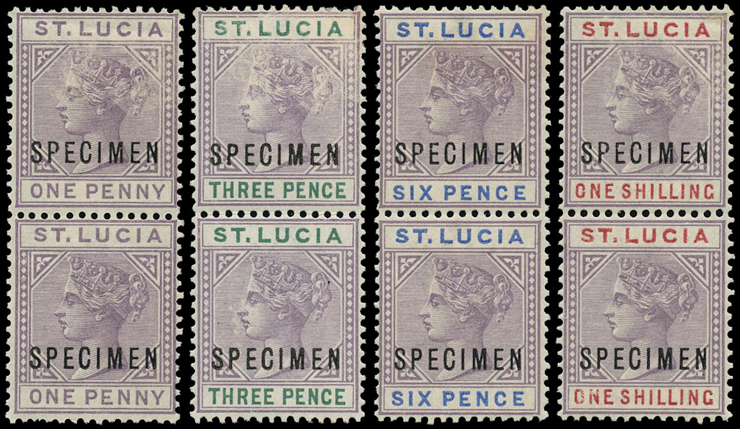 ST LUCIA 1886  SG39s/42s Specimen QV die I new colours set of 4 to 1s vertical pairs