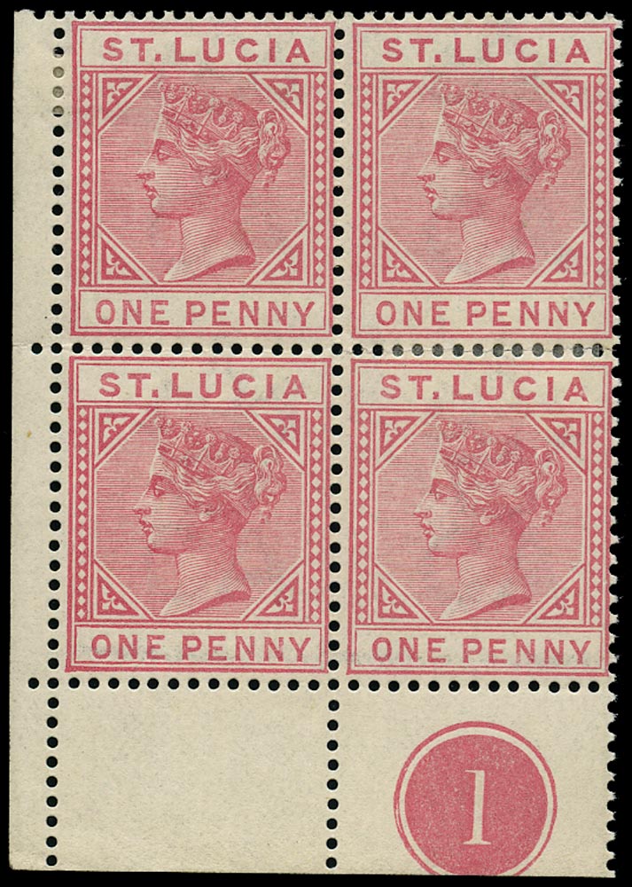 ST LUCIA 1883  SG32 Mint QV 1d carmine-rose plate number 1 block of 4
