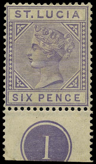 ST LUCIA 1883  SG35 Mint QV 6d lilac die I plate number 1