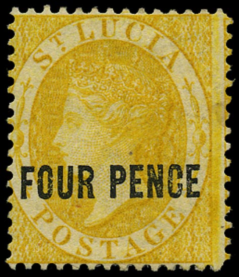 ST LUCIA 1882  SG27 Mint QV 4d yellow watermark CA perf 14 Perkins Bacon printing