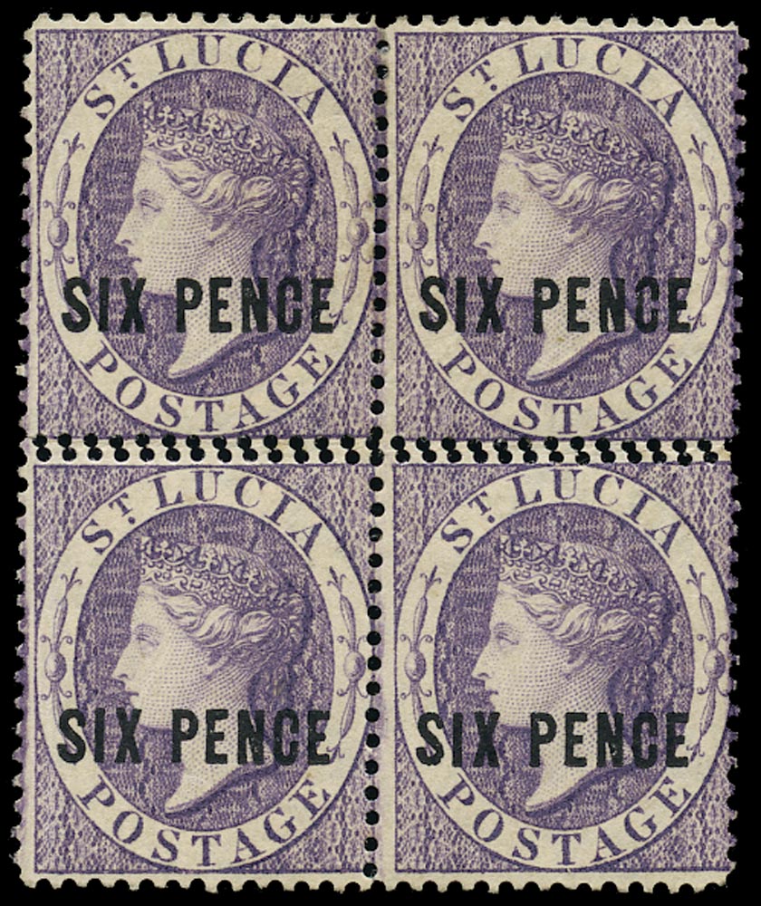 ST LUCIA 1882  SG28 var Mint QV 6d violet watermark CA variety double horizontal perfs