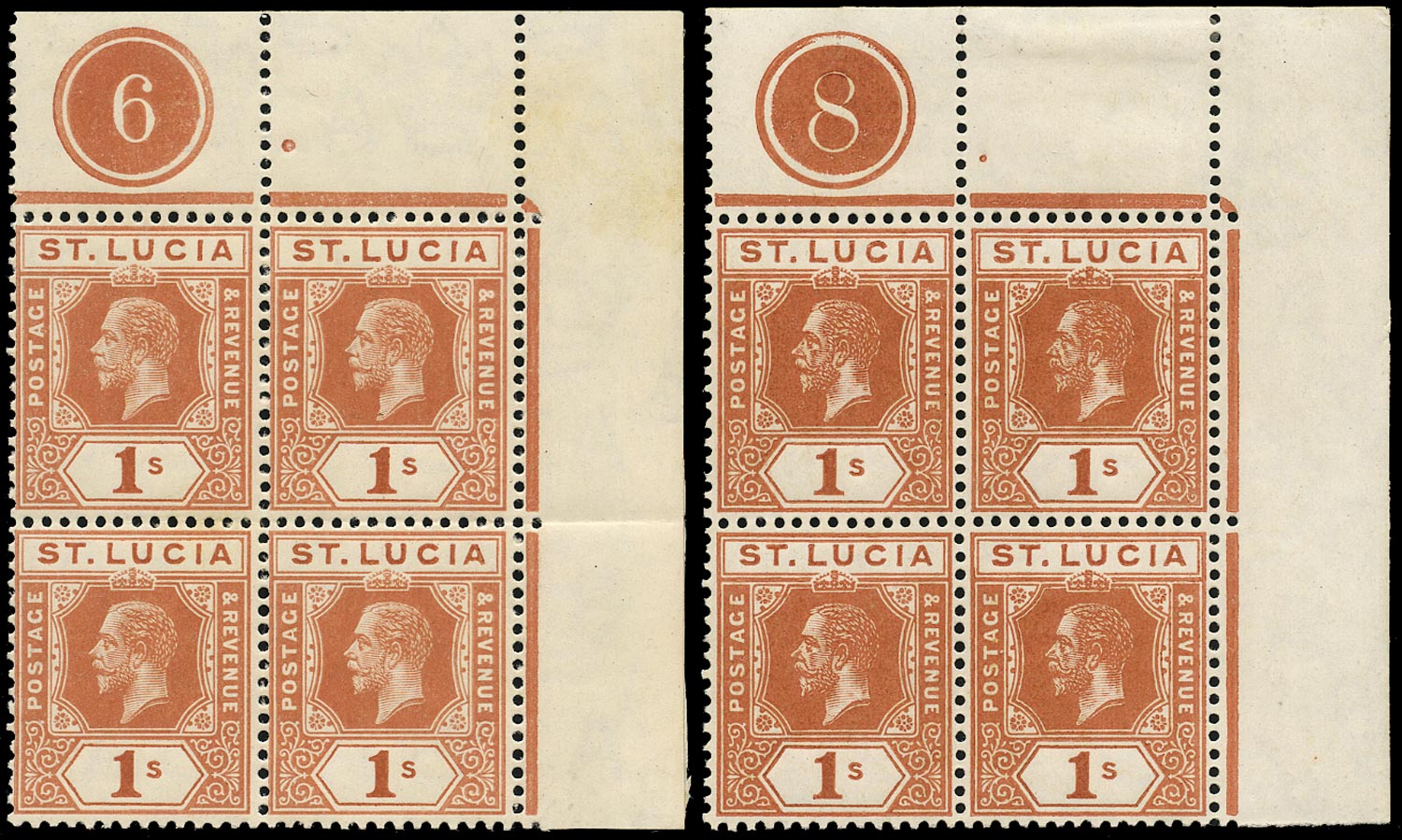 ST LUCIA 1912  SG86 Mint KGV 1s orange-brown watermark MCA plate number 6 and 8