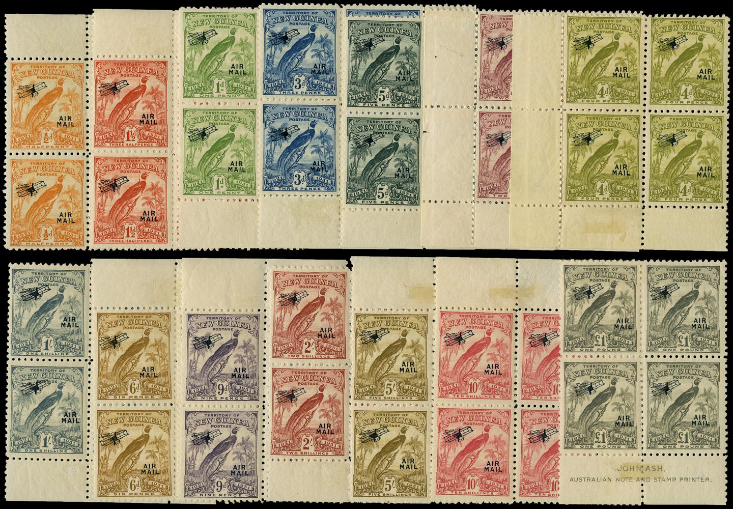 NEW GUINEA 1931  SG163/76 Mint Bird of Paradise Airmail set of 14 to £1 in blocks of 4