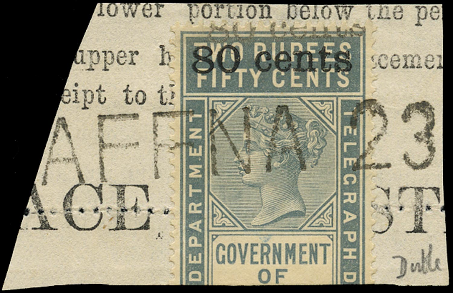 CEYLON 1882  SGT96a Telegraph 80c on 2r50 grey error SURCHARGE DOUBLE used