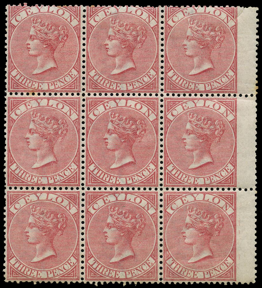 CEYLON 1866  SG62 Mint 3d carmine-rose perf 14 block of 9