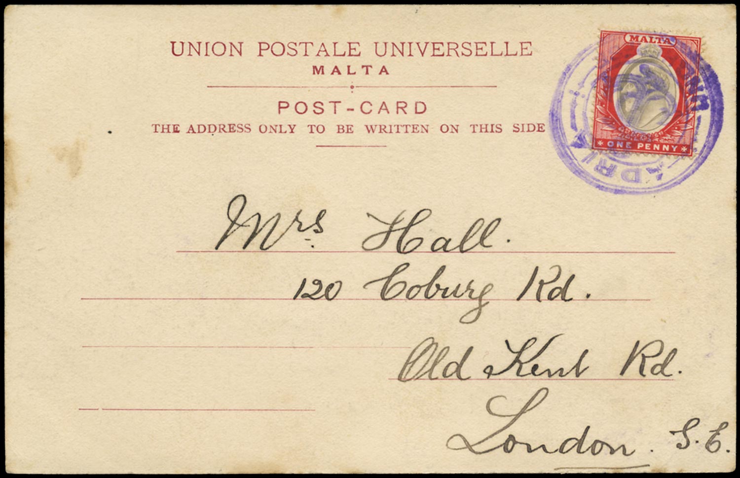 MALTA 1903  SG39 Cover Paquebot to London used on Adria Line ship Carola