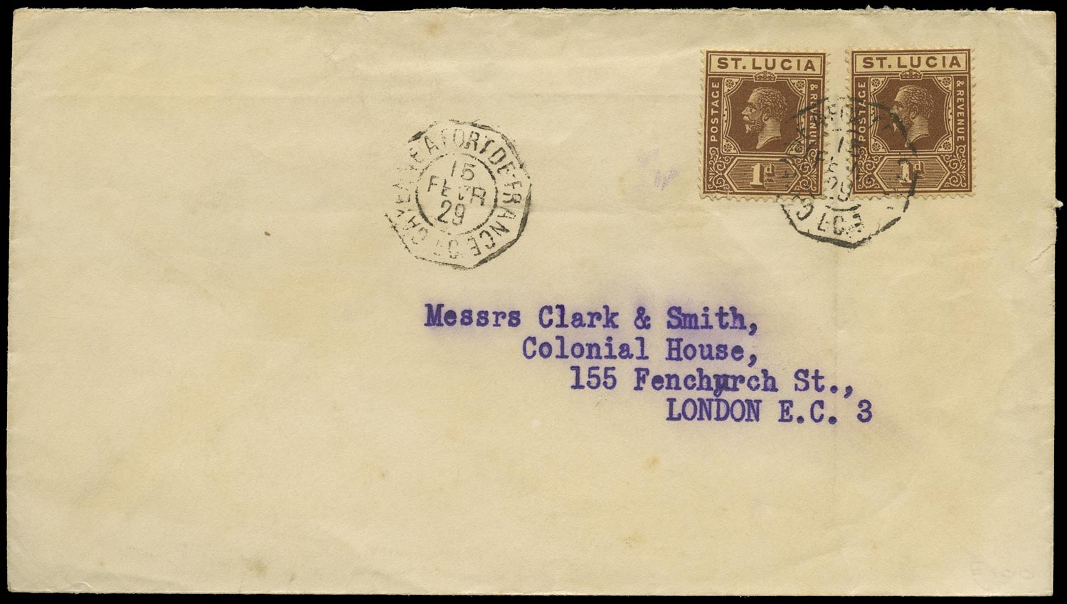 ST LUCIA 1929  SG93 Cover to London with CAYENNE A FORT DE FRANCE paquebot cancel