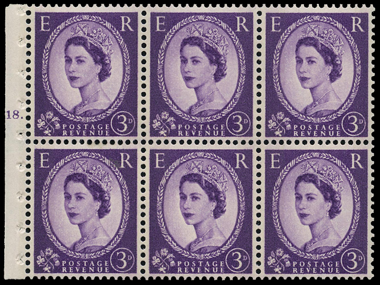 Great Britain 1961 Queen Elizabeth II 3d Purple Booklet Pane (Cylinder K18 Dot)