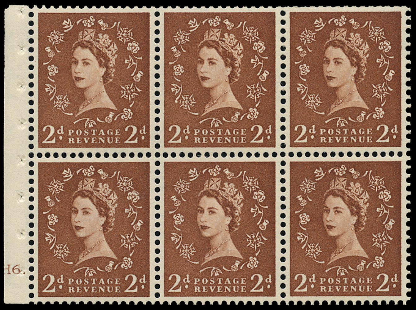GB 1956  SG543bl Booklet pane - Cylinder H6 (Dot) with 'Daffodil stem flaw' variety