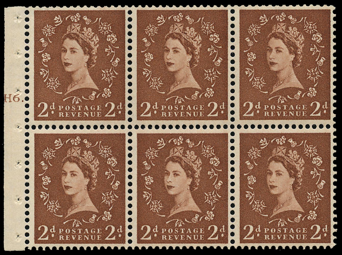 Great Britain 1956 Queen Elizabeth II 2d Brown Definitive Booklet Pane with Daffodil Stem Flaw