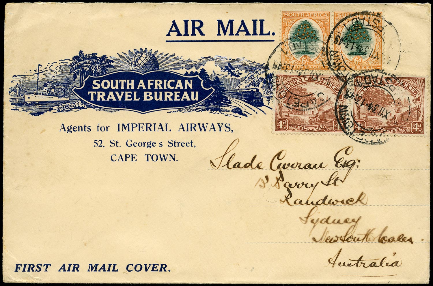 SOUTH AFRICA 1934  SG46b, 47w Cover from Cape Town to Australia with 4d SPEAR FLAW