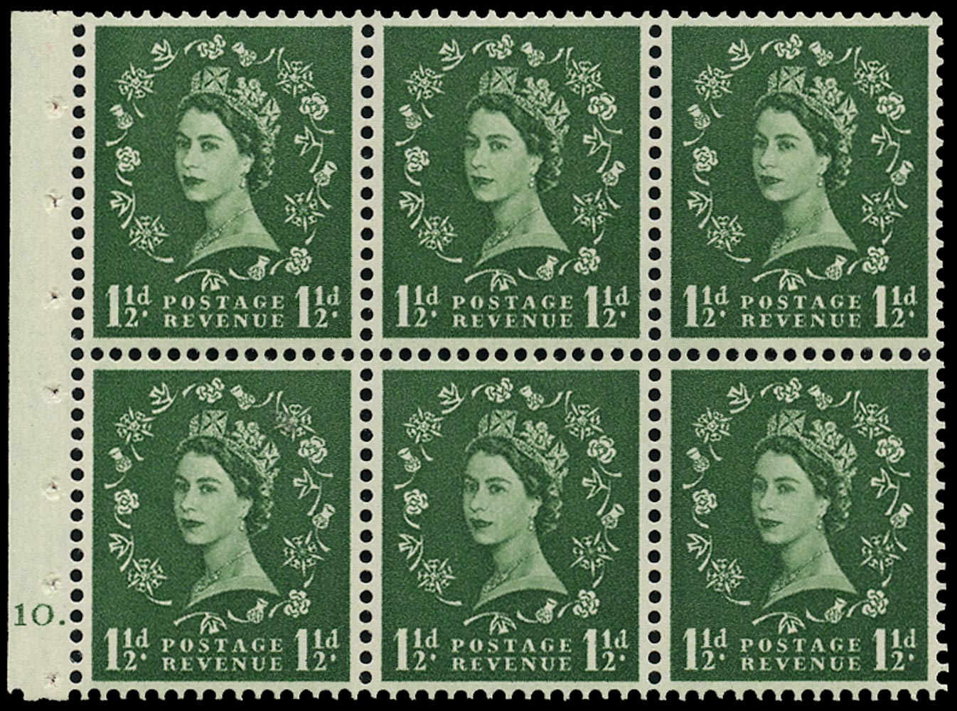 Great Britain 1957 Queen Elizabeth II 1½d Wilding Booklet Pane with K7T Cylinder Varieties