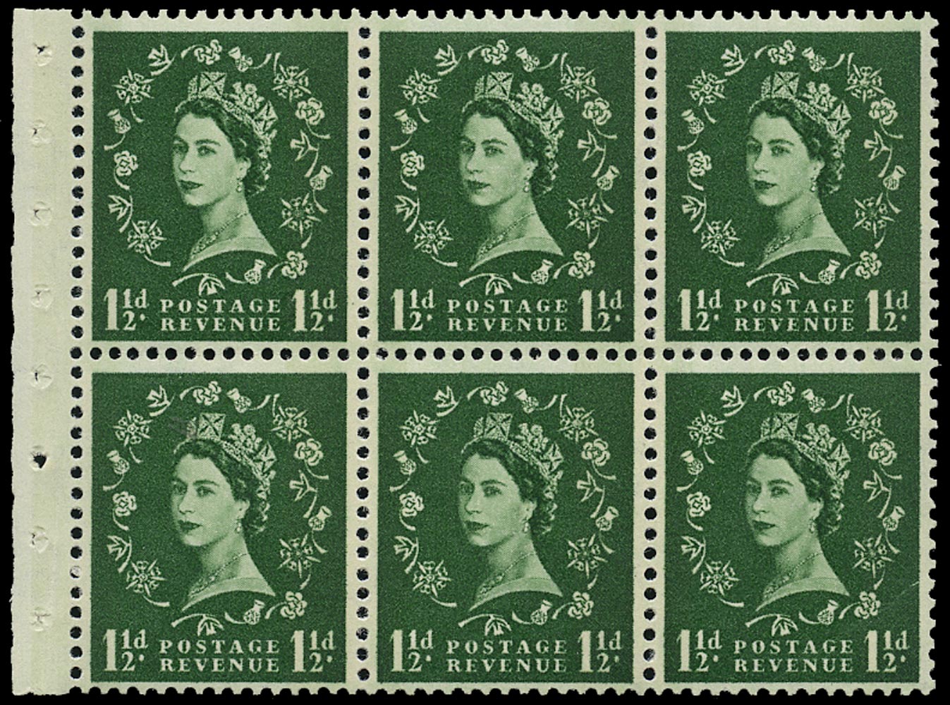 Great Britain 1959 Queen Elizabeth II Wilding Booklet Pane with Inverted Watermark and Graphite Lines