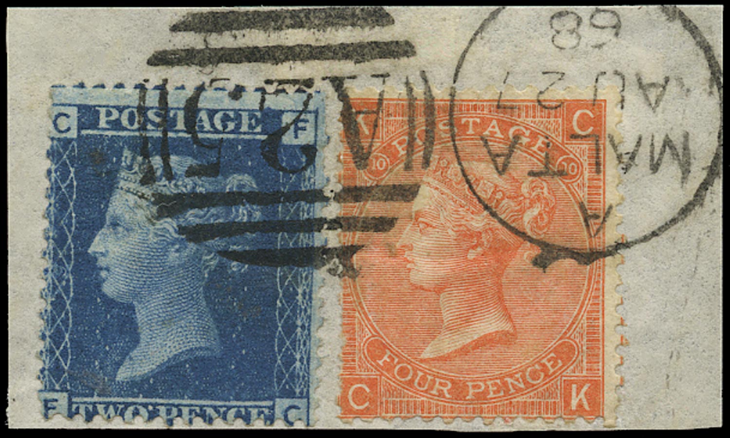 GB 1868  SG45, 94 Used Malta "A25" duplex