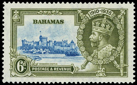 BAHAMAS 1935  SG143g Mint Silver Jubilee 6d light blue and olive-green variety Dot to left of chapel