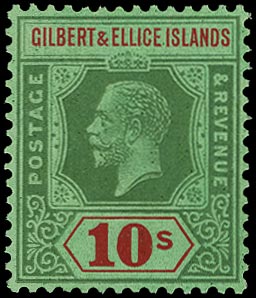GILBERT & ELLICE IS 1924  SG35 Mint KGV 10s green and red on emerald paper