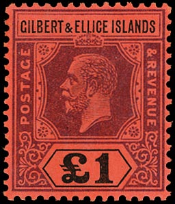 GILBERT & ELLICE IS 1912  SG24 Mint unmounted KGV £1 purple and black on red paper