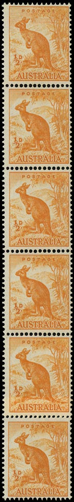 AUSTRALIA 1948  SG228cb Mint unmounted &frac12;d orange Kangaroo coil strip with Sky retouch variety
