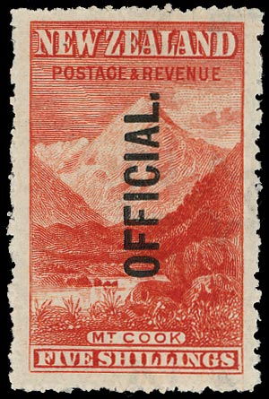 NEW ZEALAND 1907  SGO67 Official 5s deep red Mount Cook single watermark sideways