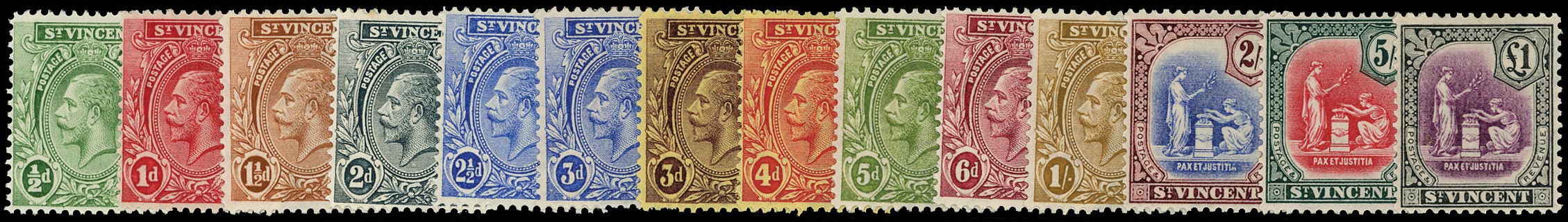 ST VINCENT 1921  SG131/41 Mint KGV set of 14 to £1 Script watermark