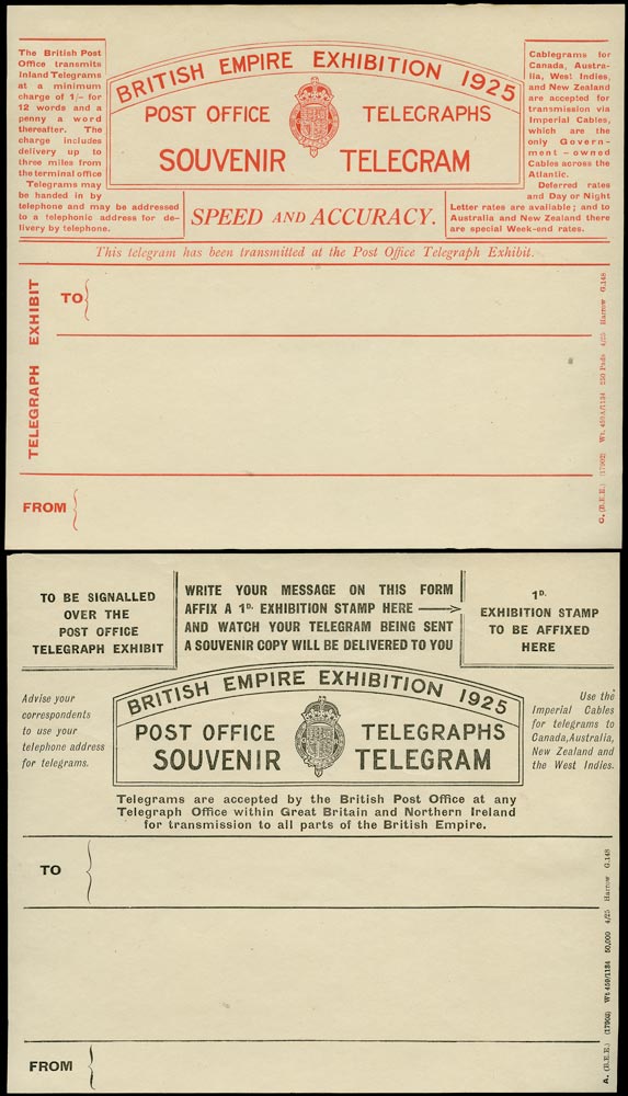 GB 1925 Postal Stationery Pair of unused 1925 BEE Telegram forms