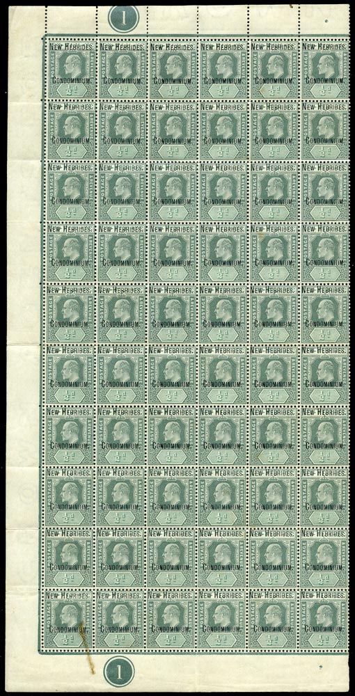 NEW HEBRIDES 1908  SG4 var Mint unmounted KEVII &frac12;d green and grey-green watermark CA variety Damaged frame and crown
