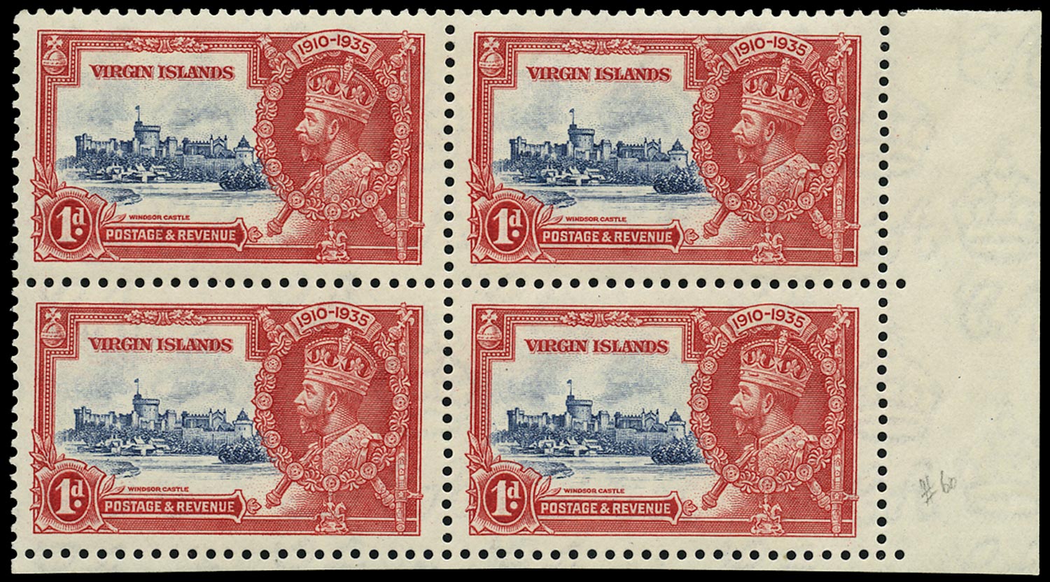 VIRGIN ISLANDS 1935  SG103l Mint Silver Jubilee 1d deep blue and scarlet variety Kite and horizontal log