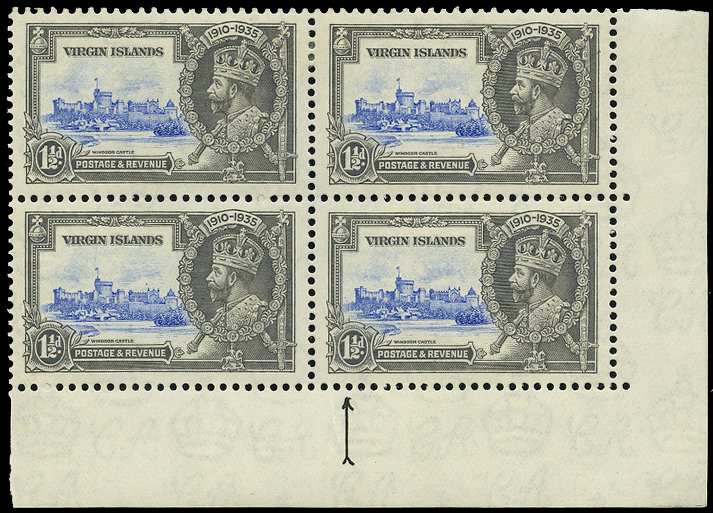 VIRGIN ISLANDS 1935  SG104l Mint Silver Jubilee 1&frac12;d ultramarine and grey variety Kite and horizontal log