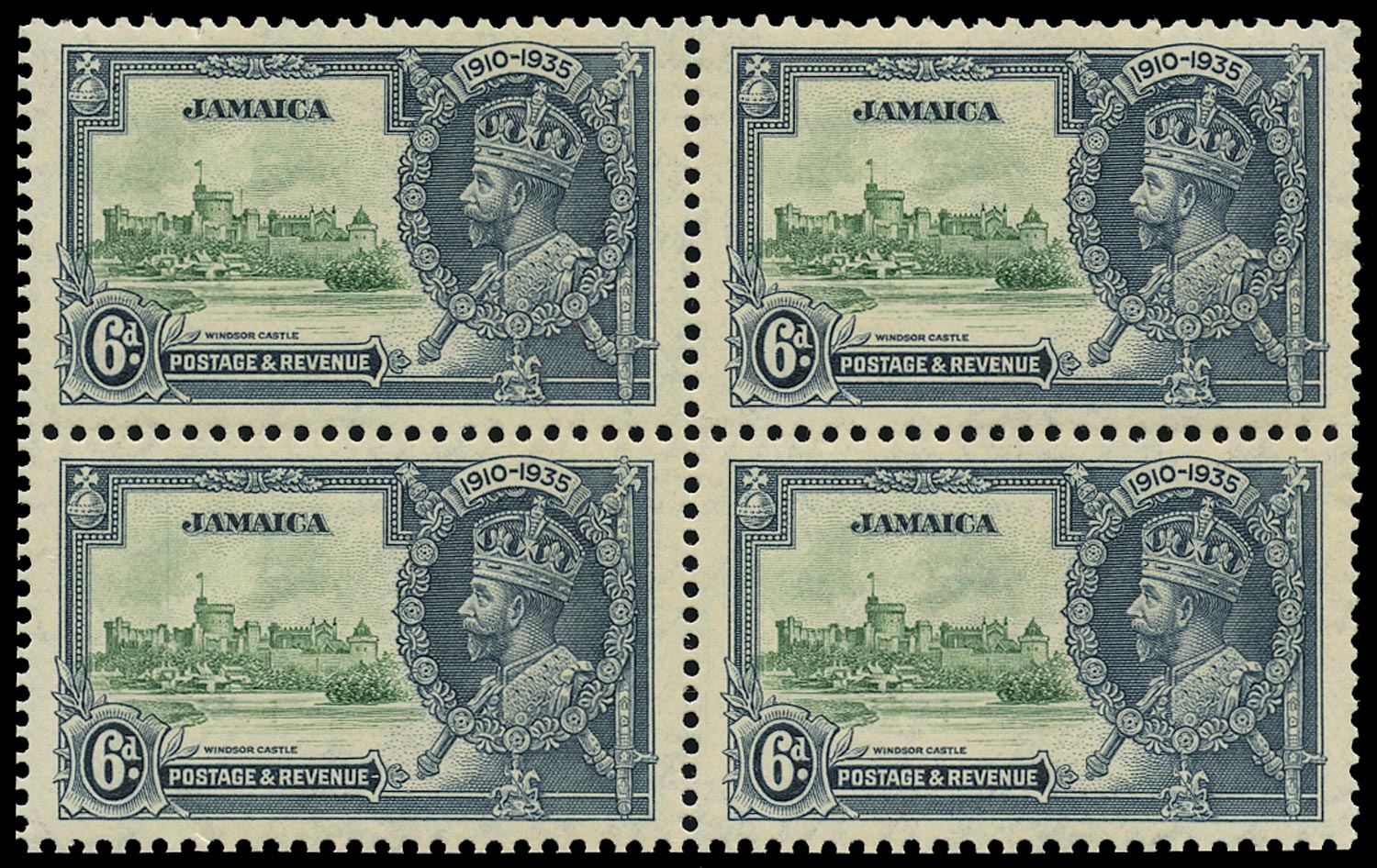 JAMAICA 1935  SG116a Mint Silver Jubilee 6d green and indigo variety Extra flagstaff